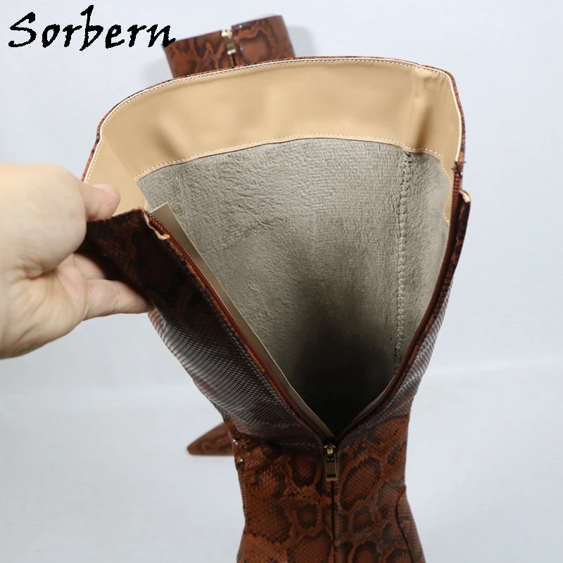 Sorbern Brown Python Knee High Women Boots Wide Ankle Strap Plush For Winter Ladies Boots Custom Shaft Length #6