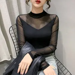Spring and Autumn New Women's T-shirt Sexy Versatile Long Sleeve Inner Half High Collar Mesh Bottom Shirt Slimming Top Trendy