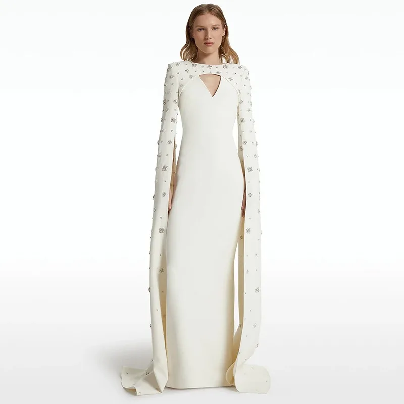 

SXTHAENOO 2025 New Fashion Elegant Women Dress Round Neck Pullover Short Heavy Working Floor Length Vestido Female Cloak Sleeves