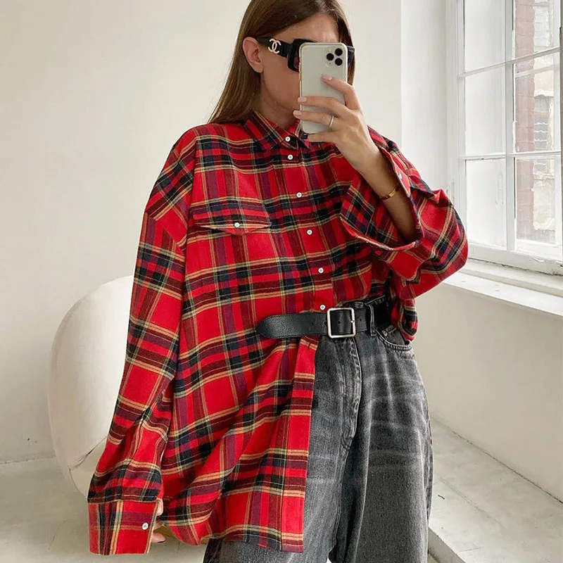 Bright Gingham Shirts For Women Street Style Casual Shacket Blouses And Tops Single-Breasted Autumn 2024