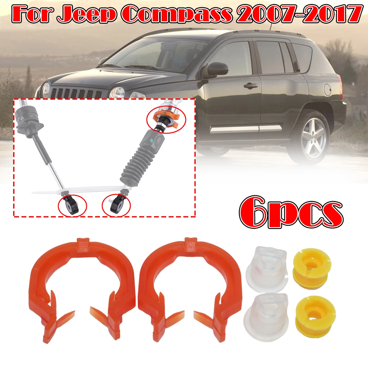 6X Tuleje linki zmiany biegów do Jeep Compass 2007-2017, głowica linki skrzyni biegów, gumowa osłona linki, klipsy mocujące do skrzyni rozdzielczej
