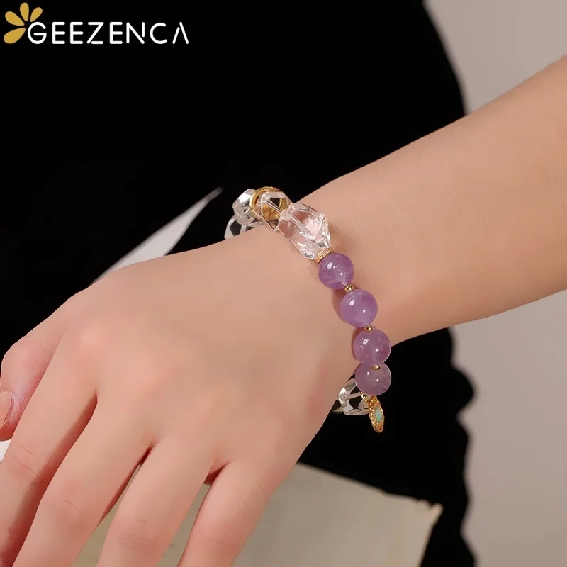 GEEZENCA White Crystal Purple Spodumene Stone Beads Strand Bracelet For Women 925 Silver Trendy Dainty  Elastic Bracelets Gift