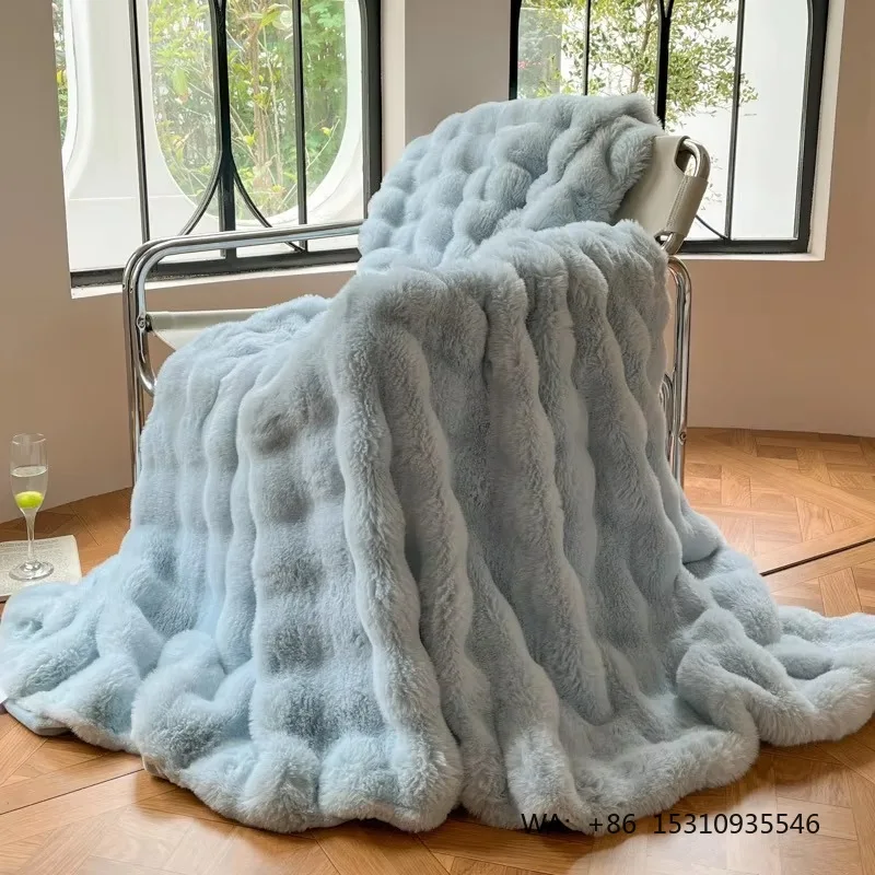 2026 Baby Blanket Full Size 50*60 Inch Size Promotional Blanket Double Side extra Soft Large Faux Fur Rabbit Throw Blanket Blue