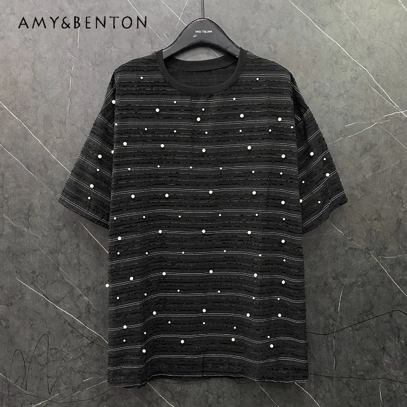 

Summer Heavy Industry New Striped Beads Short-sleeved T-shirt Women's Loose Casual Medium And Long Fashion Versatile Top Tees
