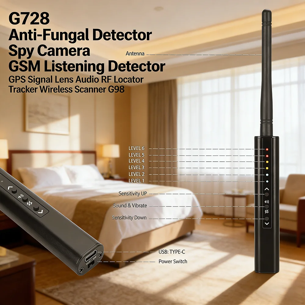 

G728 Anti Candid Detector Bug Spy Camera GSM Listen Finder GPS Signal Lens Audio RF Locator Tracker Detects Wireless Scanner G98