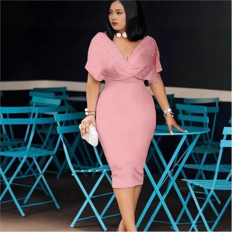 Sexy V Neck Package Hip Elegant Dresses Srping Summer Women Fashion Solid Short Sleeve High Waist Slim Office Party Midi Dress