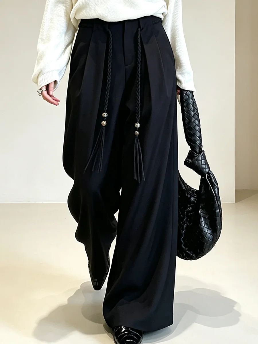 LIMO  Women  Wide Leg Suit Pants Front Pleats Braided Tassel Bead Drawstring Loose Trousers