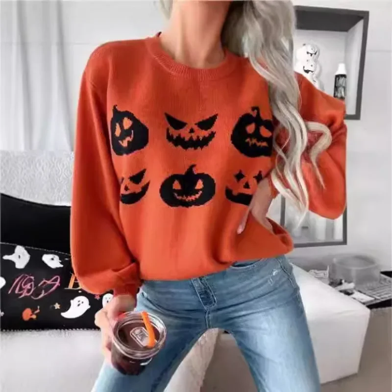 2024 European and American Women Orange Halloween Pumpkin Face Pattern Shoulder Knitted Loose Long Sleeve Sweater