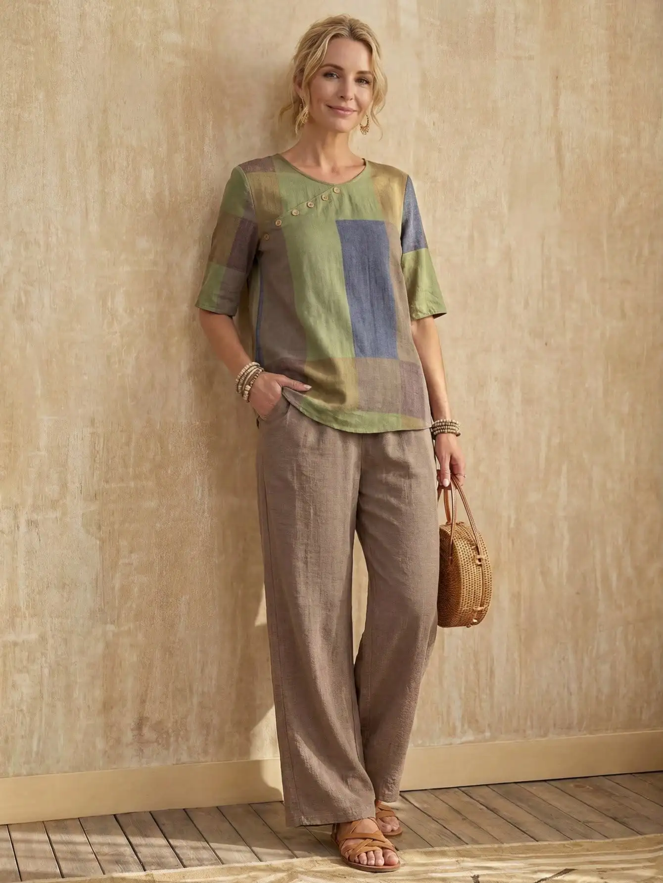 Women's Patchwork Colorblock Button-Front Top & Wide-Leg Pants Set