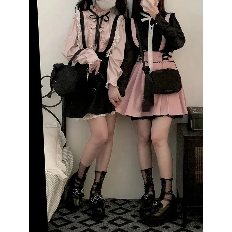 2024 صيف جديد اليابانية لطيف لوليتا الدانتيل قصيرة الحمالات التنانير Kawaii مطوي البسيطة حبال تنورة فستان Vestidos De Mujer