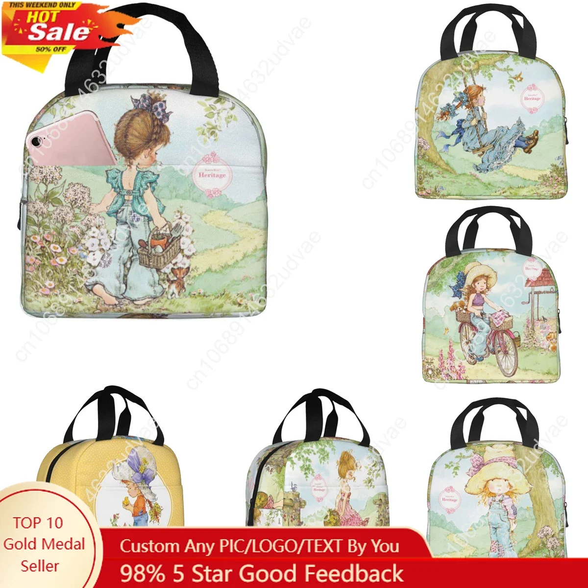 Cute Sarah Kay Girl Bike Ride Lunch Boxes Accessories Cartoon Village Life Thermal Cold Food Picnic Travel Lunch Bag Insulated
