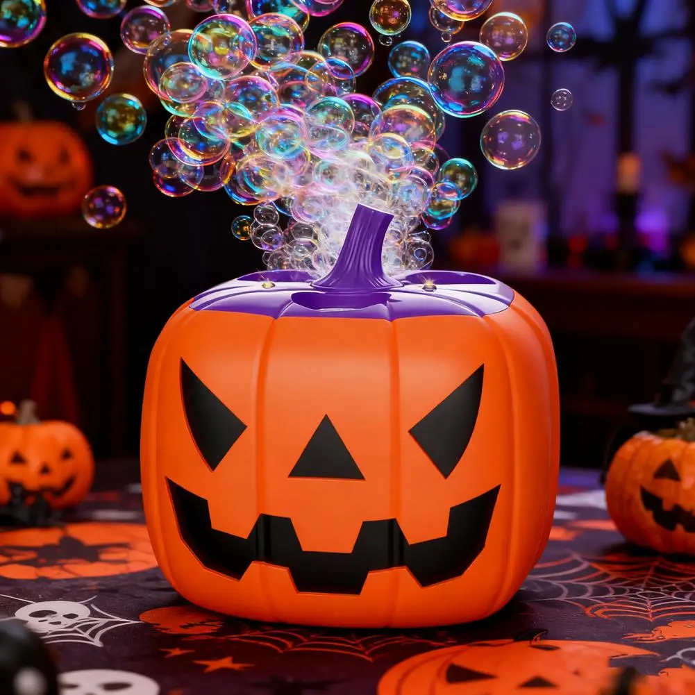 آلة فقاعة اليقطين للهالوين منفاخ تلقائي مع موسيقى وأضواء LED لعبة أطفال قابلة لإعادة الشحن للحفلات والمتعة في الهواء الطلق
