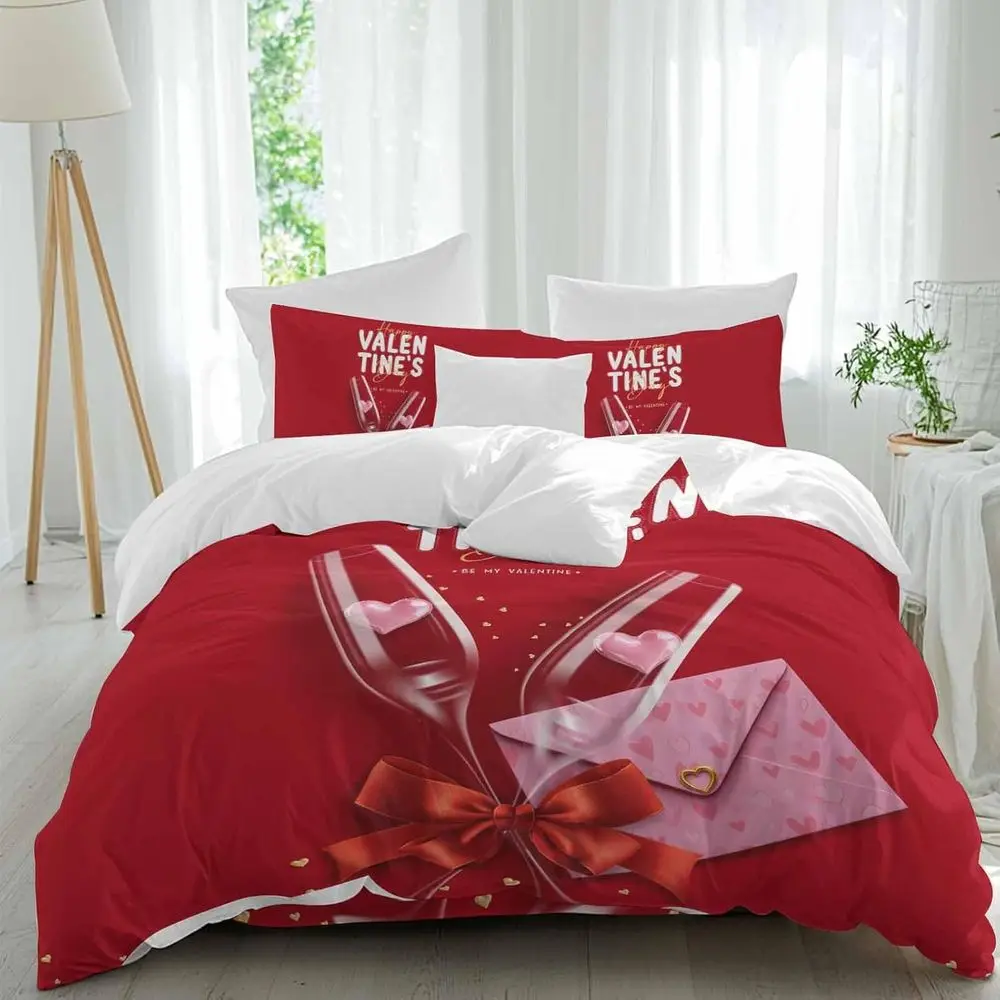 

Valentine's Day Sheet Set, tic Red Pink Love Heart Bowknot Glass Pink Letter Red 4 Pieces Breathable Sot Duvet Cover Set Bedding