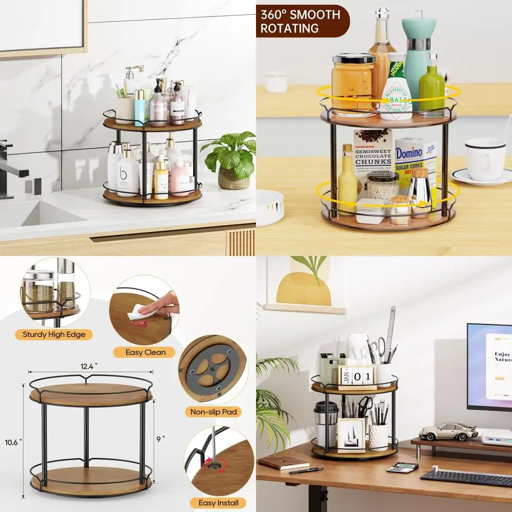 

2-уровневая деревянная полка для специй Lazy Susan — вращающийся органайзер для кухни, кладовой и туалетного столика в ванной комнате