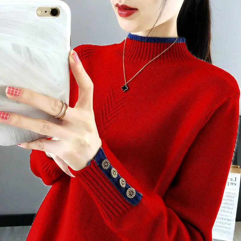 Autumn Winter New Women\'s Pullovers Color Block Half High Collar Button Fashion Loose Foreign Style Long Sleeve Sweaters Tops