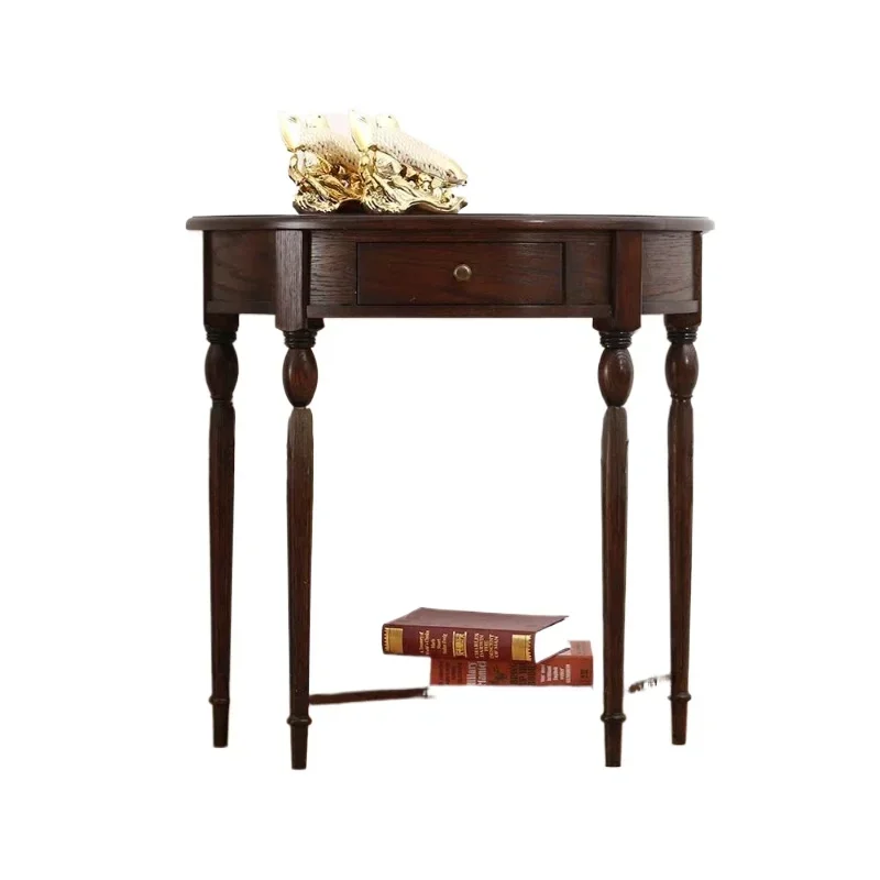 

American solid wood porch table furniture retro old log oak engraved semicircular storage