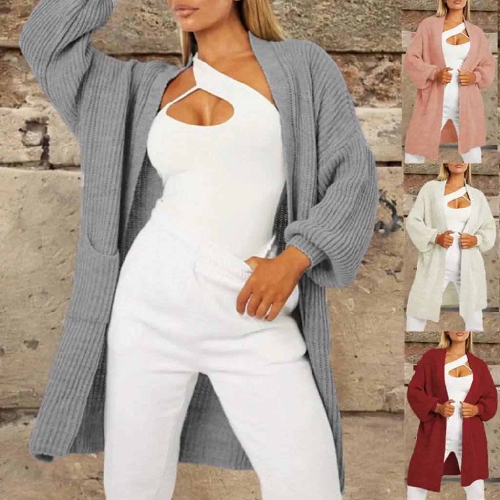 

Женский повседневный кардиган с рукавами-фонариками, осенне-зимний свитер с карманами, модная верхняя одежда для женщин