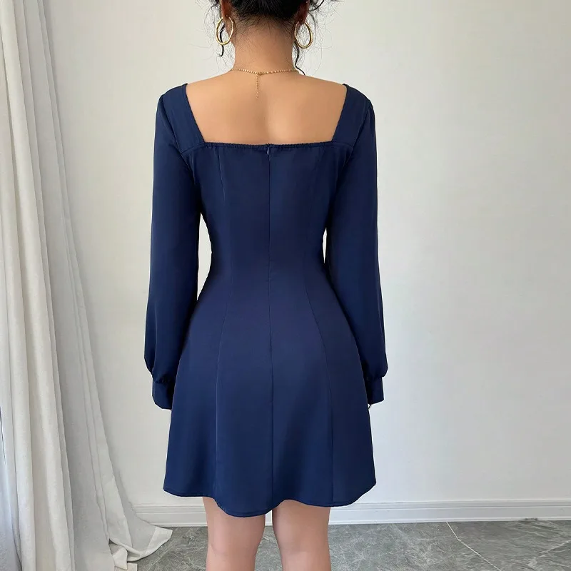 2026 Spring Long Sleeve Dress Square Neck Waist A-shaped Dress Women