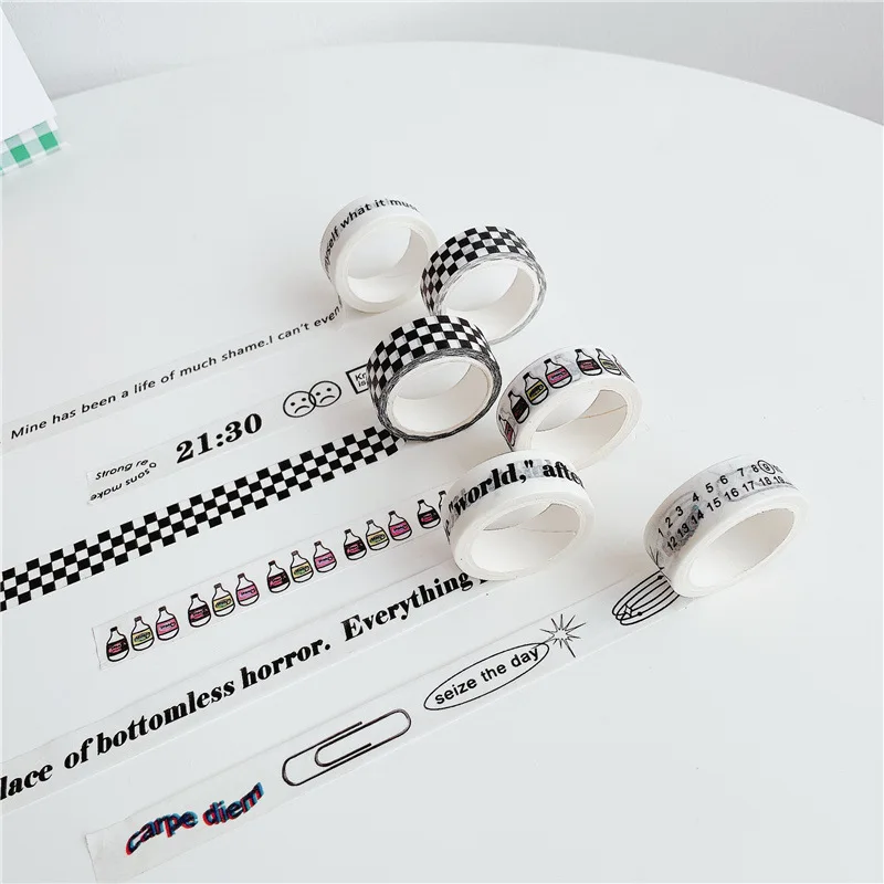 5m Roll Checkerboard Washi Tape Black White English Word Design Korean Aesthetic Decorative Masking Tape for Journaling Supplies