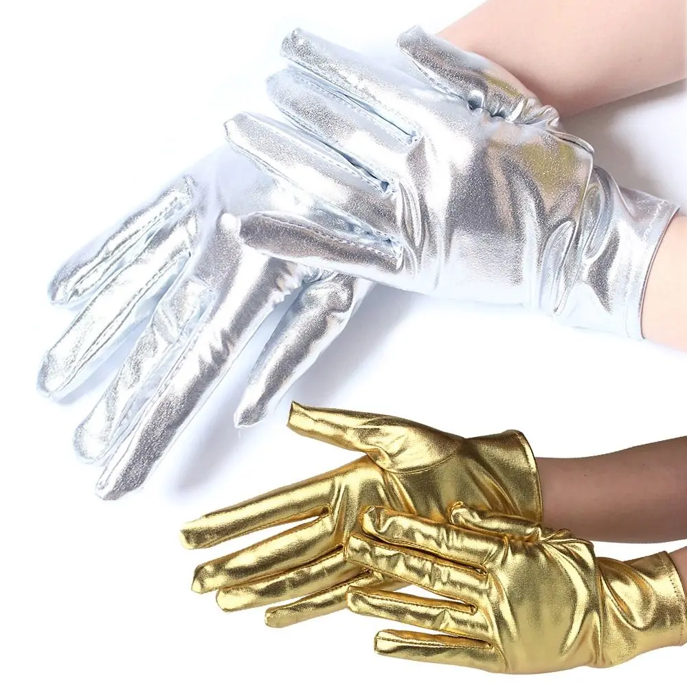 Bright Leather Short Leather Gloves Shiny Gothic Gold Silver Punk Mittens Stage Performances Etiquette Gloves Cosplay