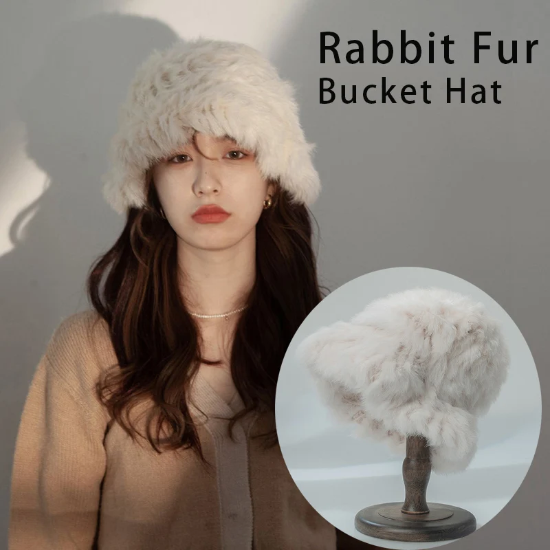Women's Winter Plush Lined Fisherman Cap Luxury Rabbit Fur Bucket Hat Flattering Oversized Knit Beanie Outdoor Fashio Dressing