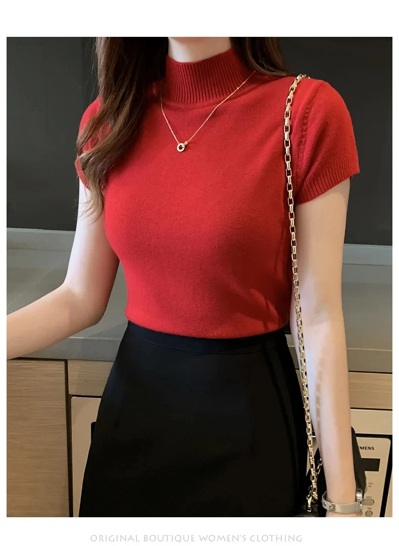 Damen-T-Shirt mit halbhohem Ausschnitt, modischer Pullover, lässige Oberteile, koreanischer Stil, elegante einfarbige Kleidung, Frühlings- und Sommersaison – Detail 7