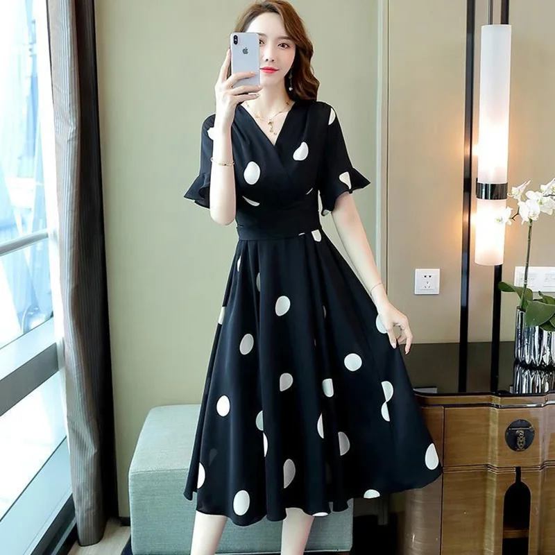 Elegant V-Neck Loose Bandage Polka Dot Midi Dress Women\'s Clothing 2023 Summer New Oversized Korean Flare Sleeve Princess Dress