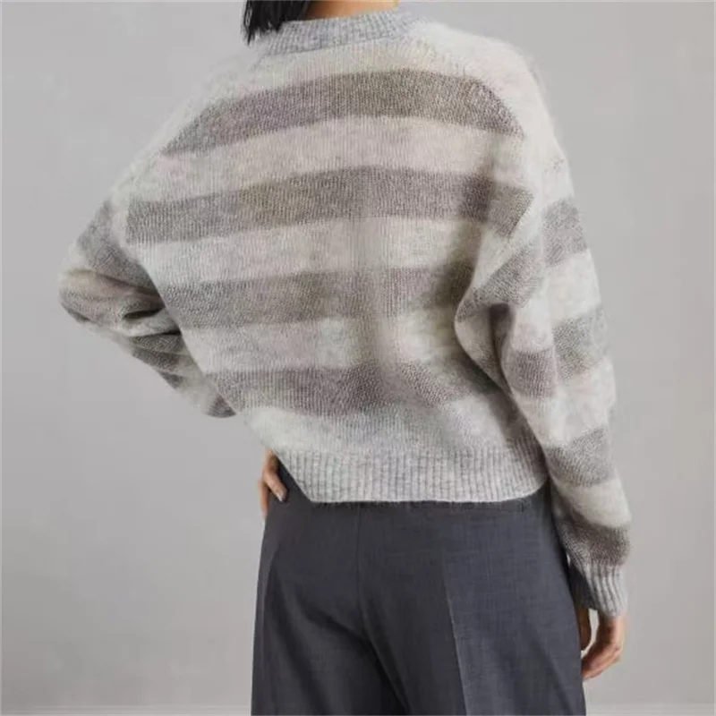 Cardigan for women 2024 Autumn New in Striped Splicing Long Sleeve Top Wool seahorse wool blend Long sleeved Top Women's sweater