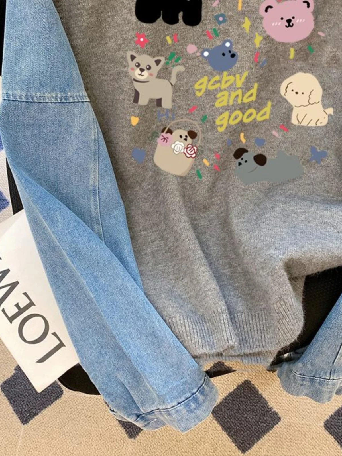 ay Thiened جولة Ne الدنيم المرقعة البلوز المرأة الخريف الشتاء متعة الكرتون المطبوعة مقنعين عارضة الشارع الشهير