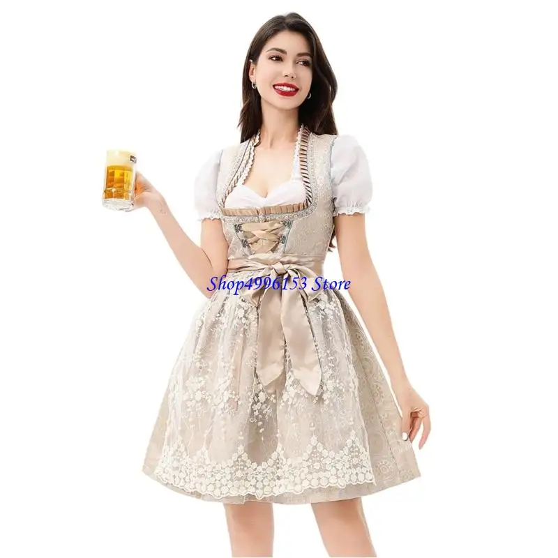Q0KE Conjunto disfraz Oktoberfest alemán, vestido tirolés poliéster y blusa, traje Cosplay