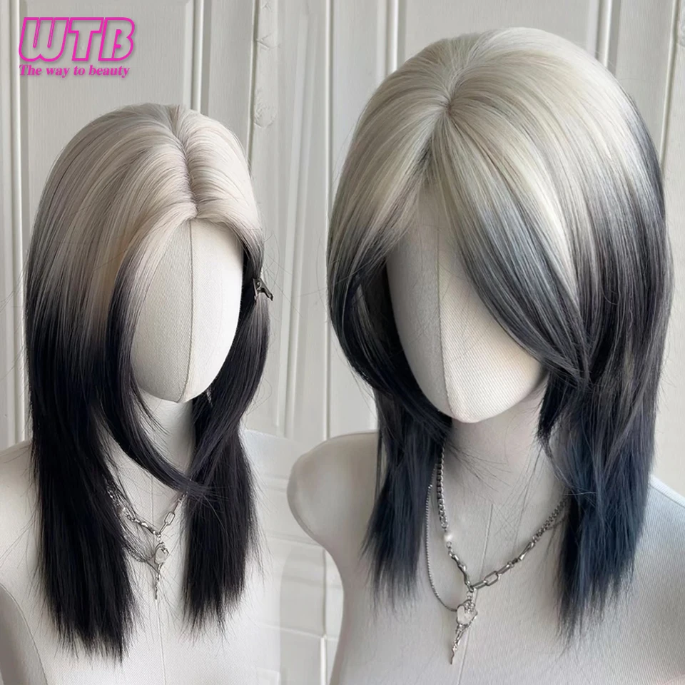 

Synthetic Medium-long Hair Straight White Ombre Black Synthetic Wigs Cosplay Wig for Women Party Lolita Use Heat Resistant Fibre