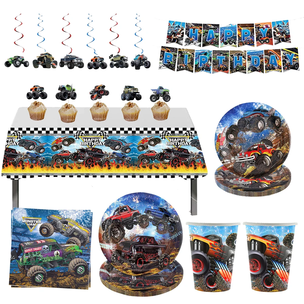 Monster Machines Truck Disposable Tableware Balloon Banner Cake Decor Kids Boys Monster Truck Birthday Party Racing Party Decor