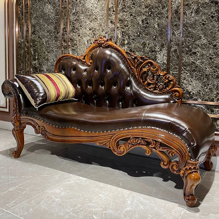 

Vintage Classic Luxury Real Leather Button Lounge Sofa Chair Antique French Baroque Tufted Woodcarving Chaise Lounge