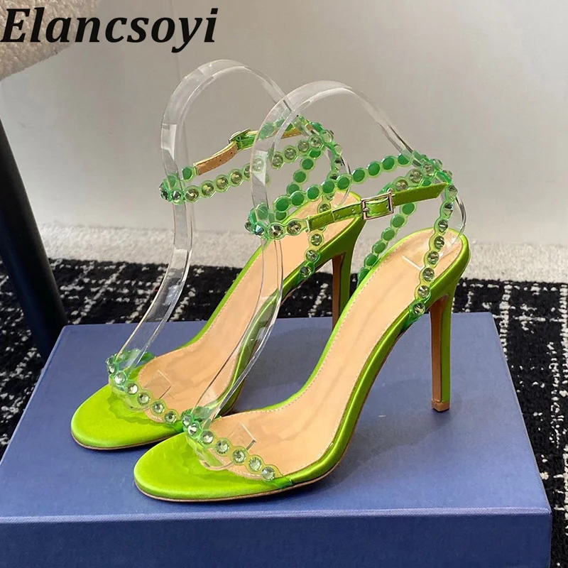 Summer Narrow Band Thin High Heel Sandals Women  PVC Clear Crystal String Bead Decor Ankle Strap Sandalias Party Banquet Shoes