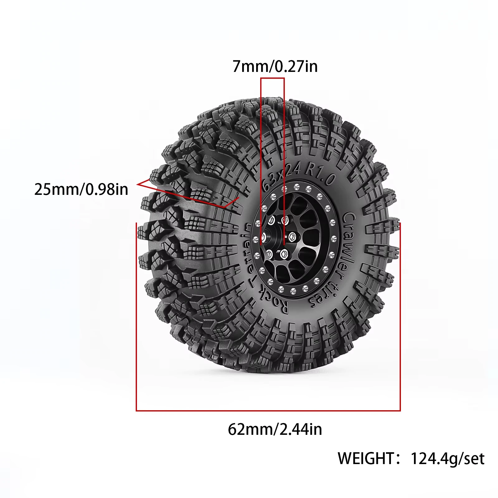 1.0 Inch Metal Beadlock Wheels Rubber Tires Set, RC Crawler Upgrade Parts for 1/24 1/18 Axial SCX24 AX24 FMS FCX24 Traxxas TRX4M