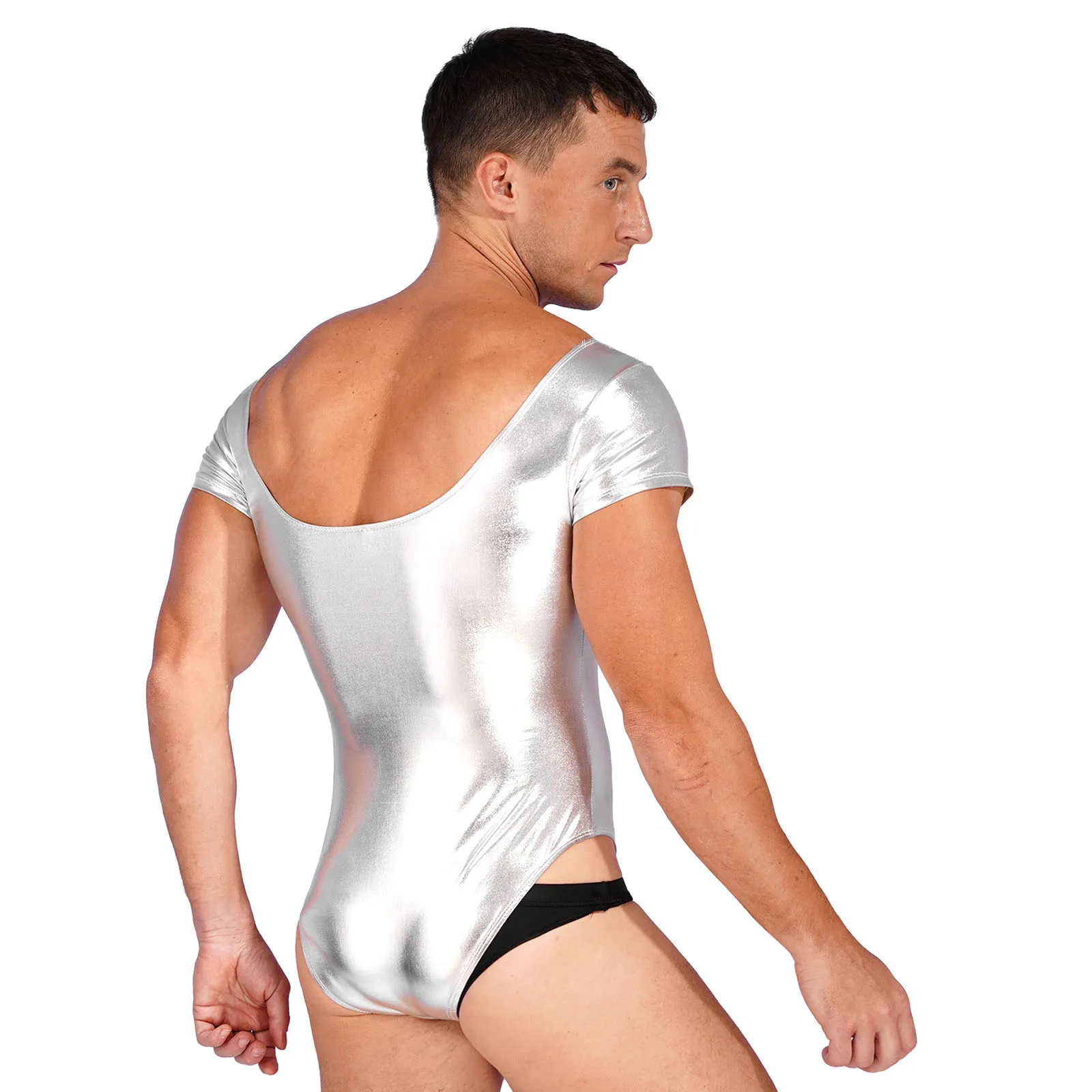 Mens Shiny Patent Leather Bodysuit Wetlook One-piece Swimwear Short Sleeve Stretchy Leotard Gymnastics Workout Party Clubwear