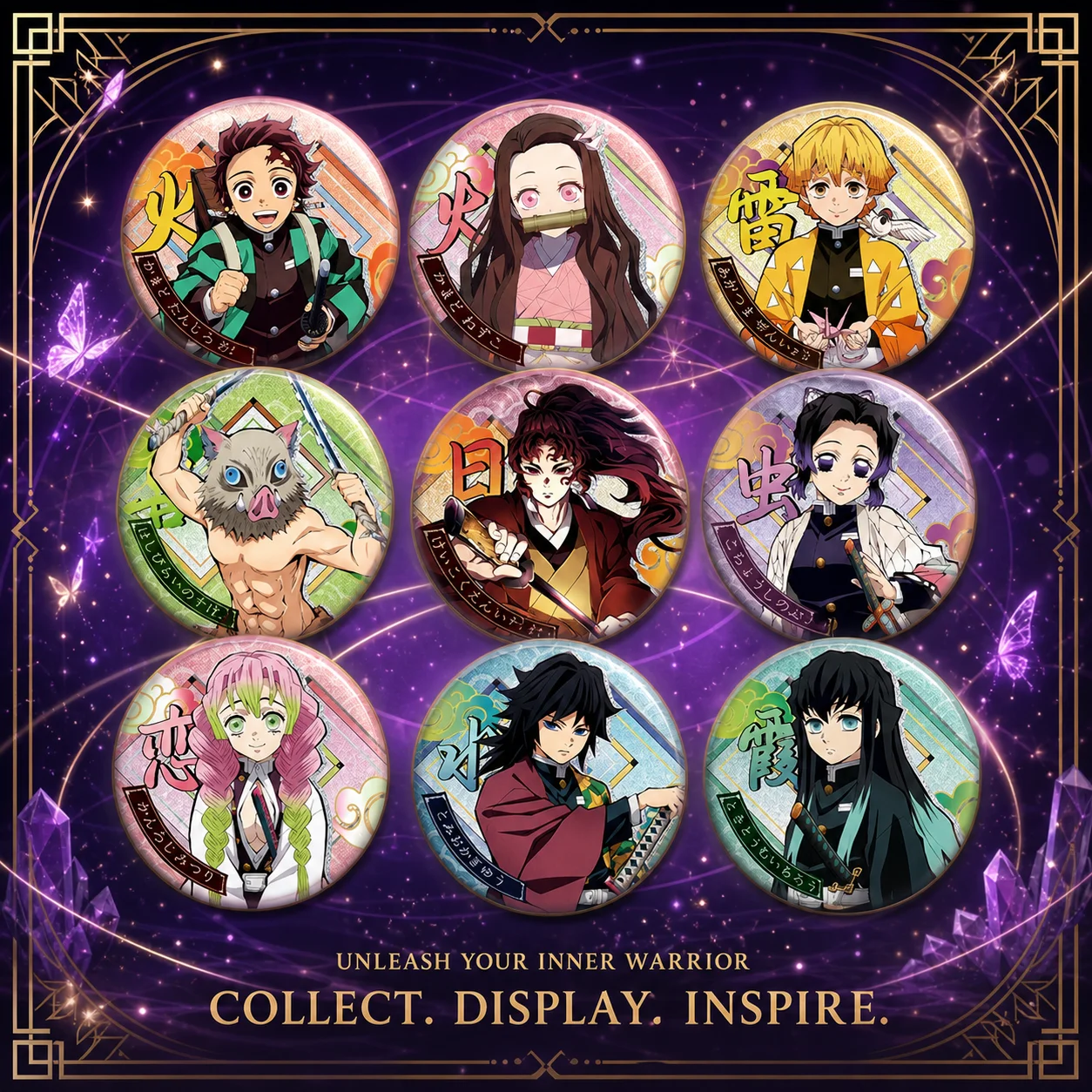Broche Demon Slayer Kimetsu no Yaiba Pet58 con todos los personajes, Tanjiro, Nezuko, Hoja de Mariposa, 58mm, Foto Real