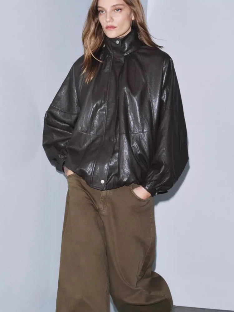 

Retro High Collar Leather Effect Jaet Women's Spring Autumn New Sle Pilot Coat Outerwear Trendy Long Sve Zipper PU Lea...