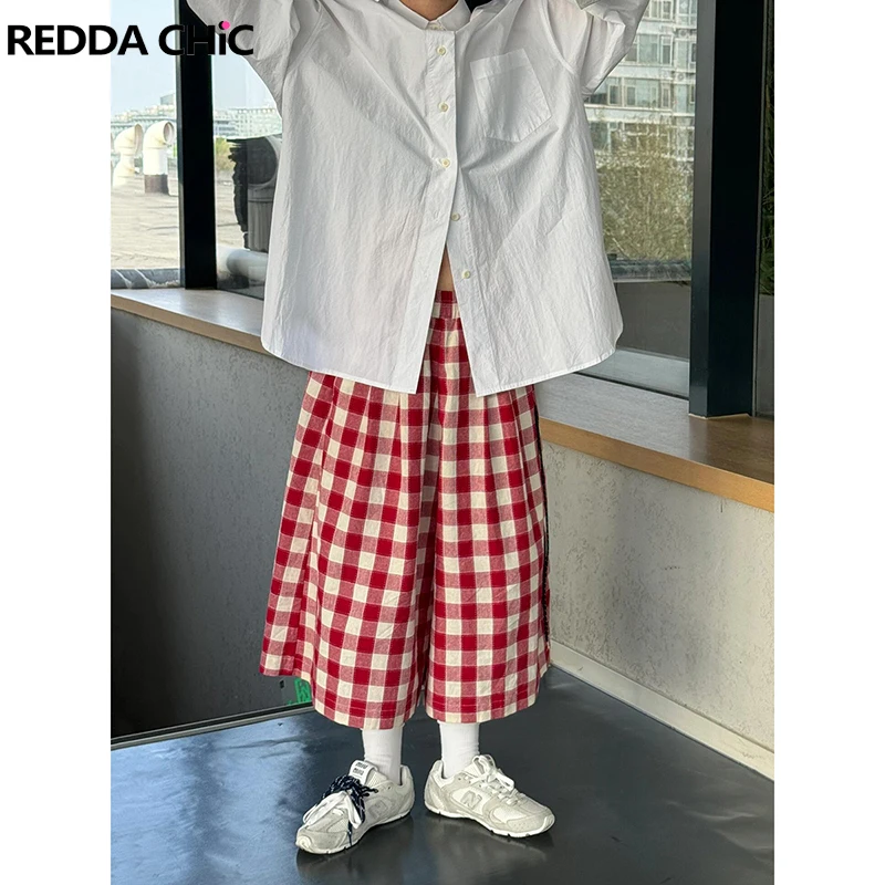 REDDACHiC Retro Red Plaid Cotton Linen Causal Pants Women Elastic Waist Loose Wide Leg Oversize Pants Baggy Jorts Summer Clothes