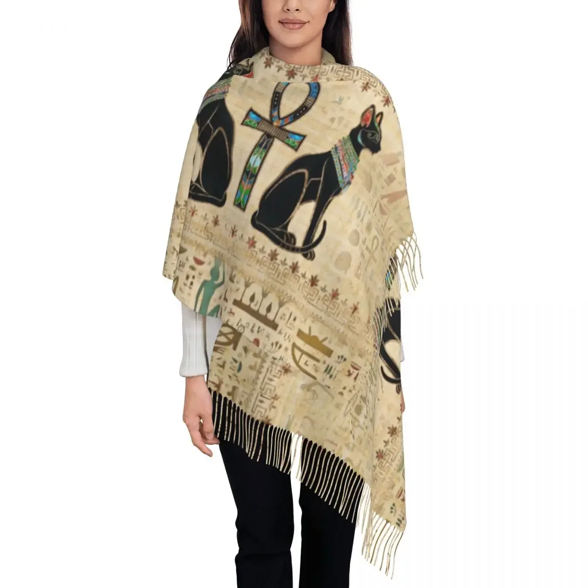 Egyptian Cats And Ankh Cross Tassel Scarf Women Soft Horus Eye Egypt Hieroglyphic Shawl Wrap Female Winter Scarves