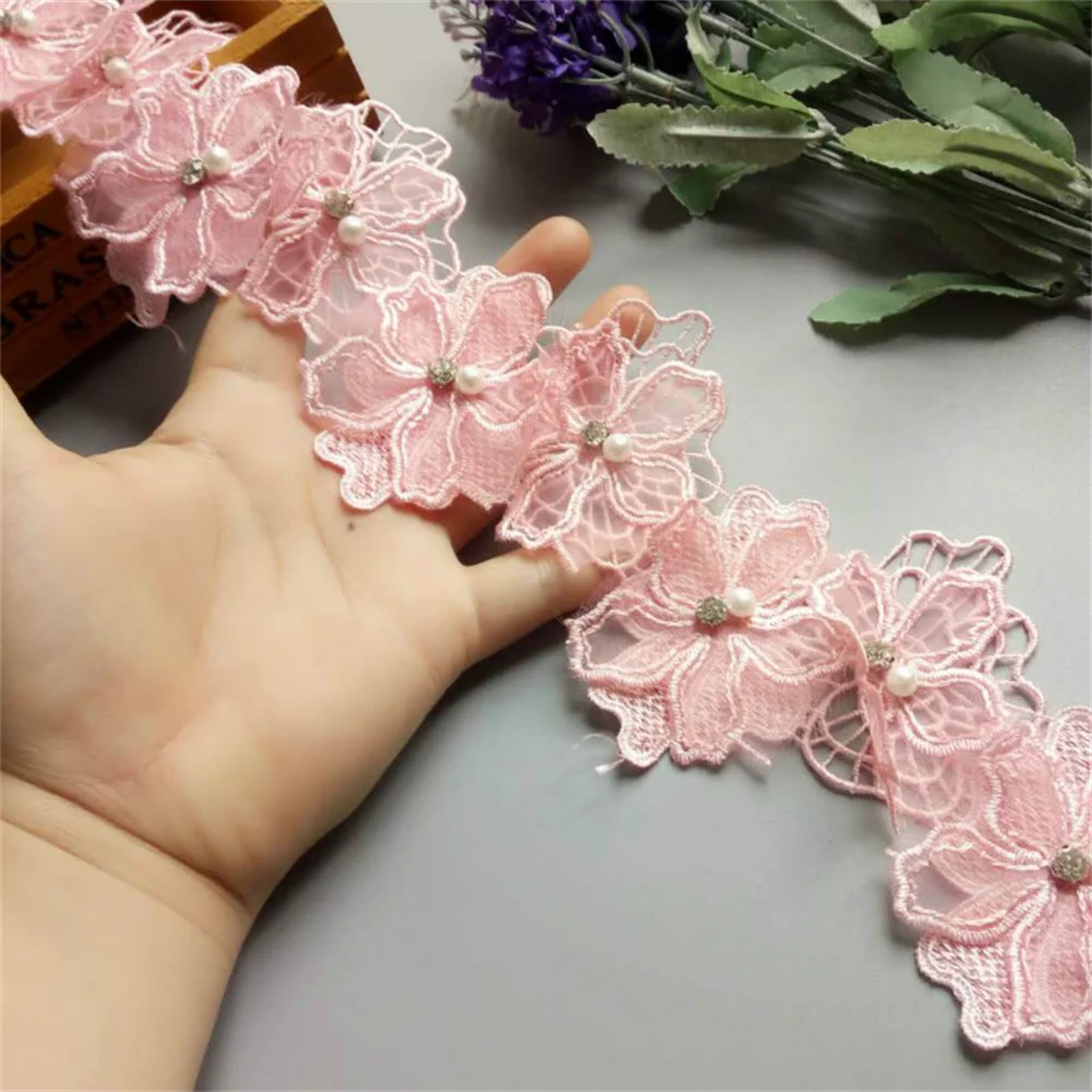 

2 yards Pink Pearl Flower Handmade Beaded Embroidered Net Lace Trim Ribbon Double Layered Applique Dress DIY Sewing Craft