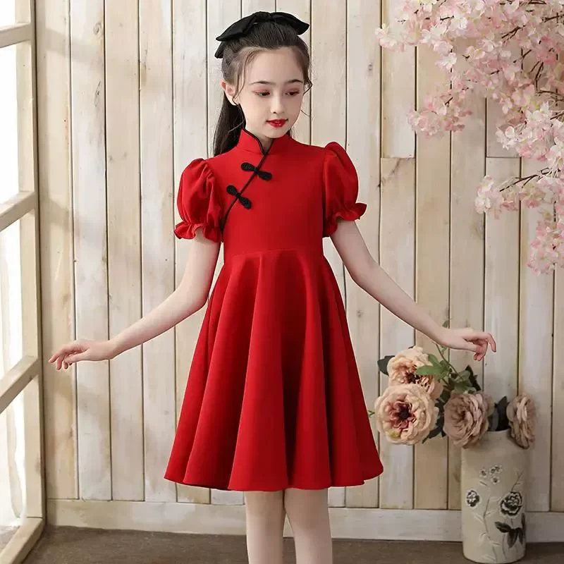 

Summer Party Red Qipao Children Vestido Girl Dress Princess Performance Cheongsams Kids Dress for Girls New Year's Clothing Baby