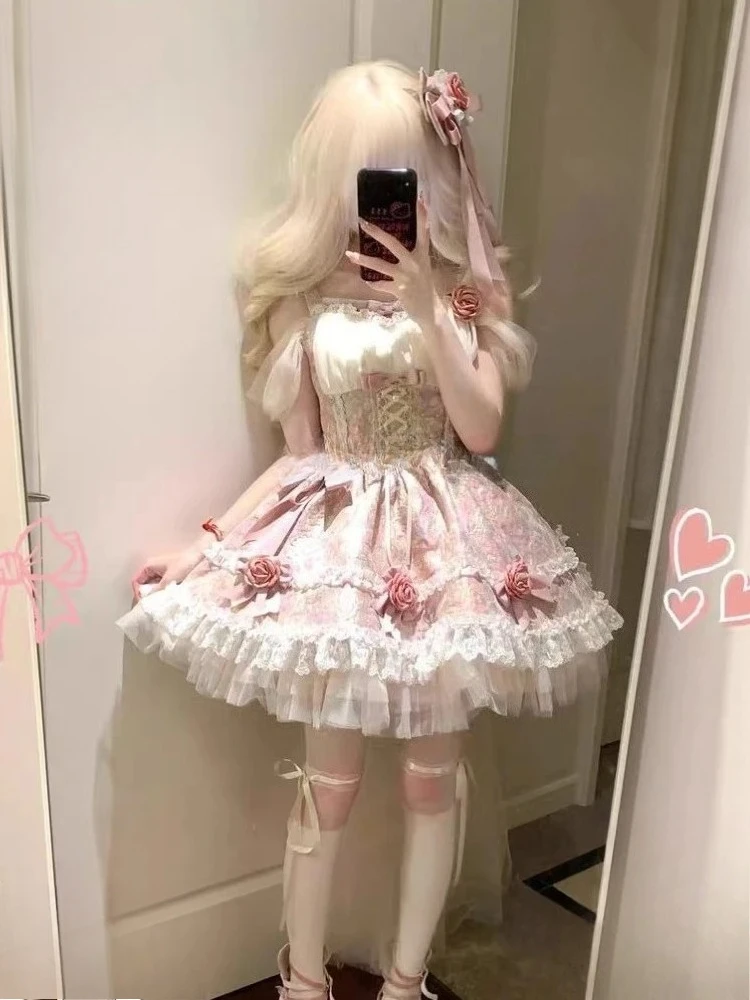 الحلو لوليتا المرأة فستان الأميرة قبالة الكتف حبال تصميم أنيق القوس الدانتيل ضئيلة Kawaii الإناث لطيف حفلة عادية لوليتا وتتسابق #3