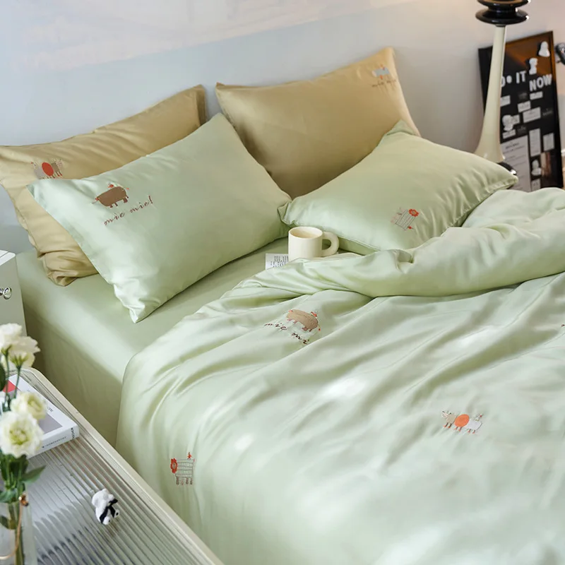 Summer A-class 80 small fresh Instagram style Lanjing Tencel embroidery four piece set cute cartoon girl cool bedding