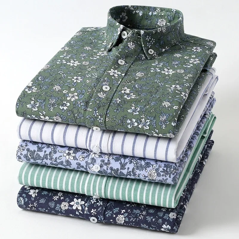 Spring New Floral Print Shirt for Men 100% Cotton Oxford Fabric Long Sleeved Casual Shirts Youth Trendy Lapel Button Design Tops