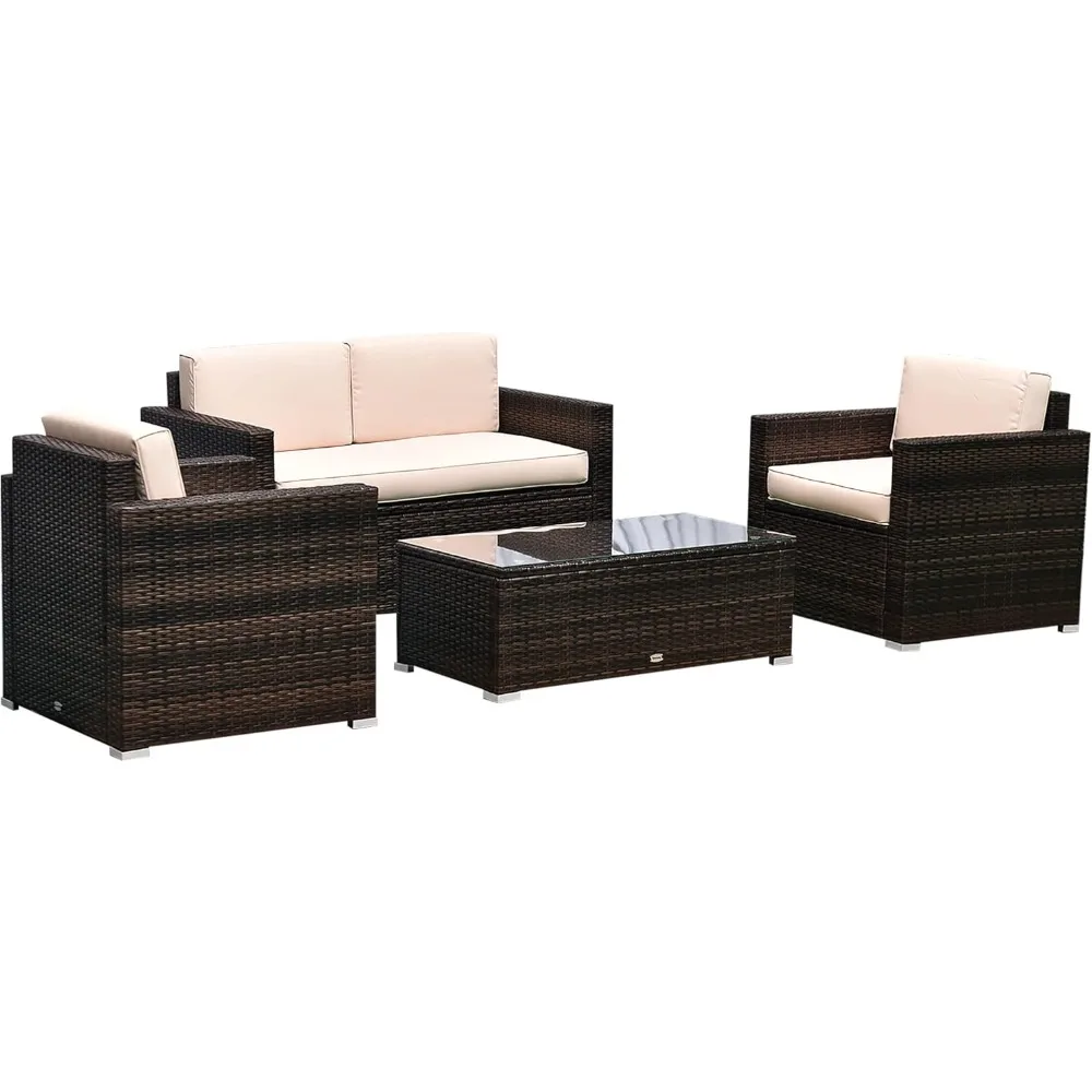 

4 Piece Wicker Patio Furniture Set with Cushions, Outdoor Sectional Furniture with 2 Sofa, Loveseat, and Glass Top Coffee Table