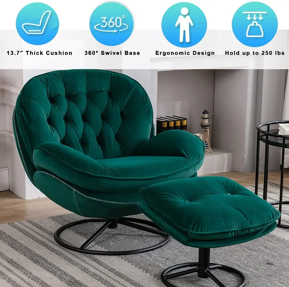 Accent Chair with Ottoman 360 Degree Swivel Velvet Accent Chair, Lounge Armchair with Metal Base Frame  Green