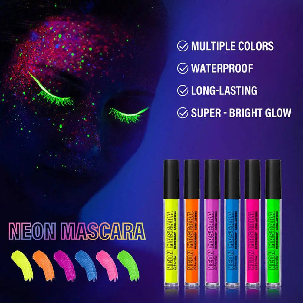 Máscara fluorescente de neón de 6 colores, maquillaje duradero resistente al agua, cosmético para Halloween, máscara rápida de secado, extensión de pestañas luminosa Pi I8G9