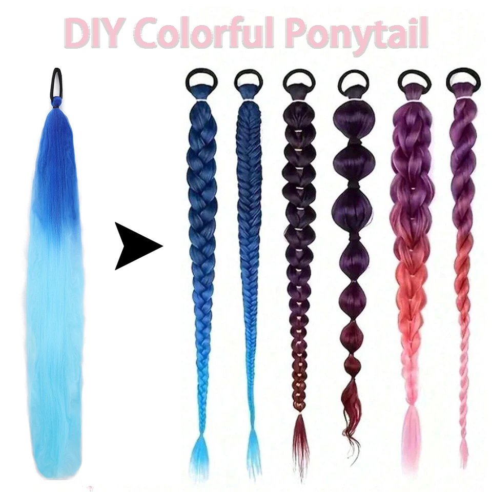 Cola de caballo sintética de 2 piezas con liga elástica, colorida, para trenzar, accesorios para mujer 4