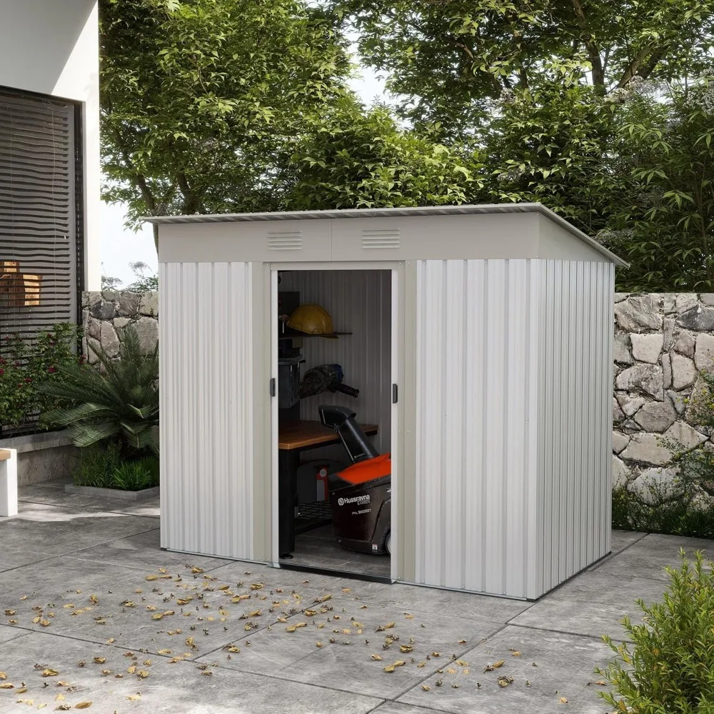 

7x4 FT Metal Lean to Garden Storage Shed, Outdoor Storage Tool House with Double Sliding Doors, 2 Air Vents for Backyard